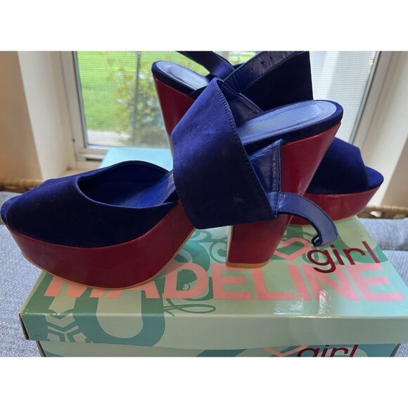 Madeline Girl WOMENS 7.5 Platform Twiggy Sandals Blue Velvet 70s Mod Retro Disco - Picture 6 of 16